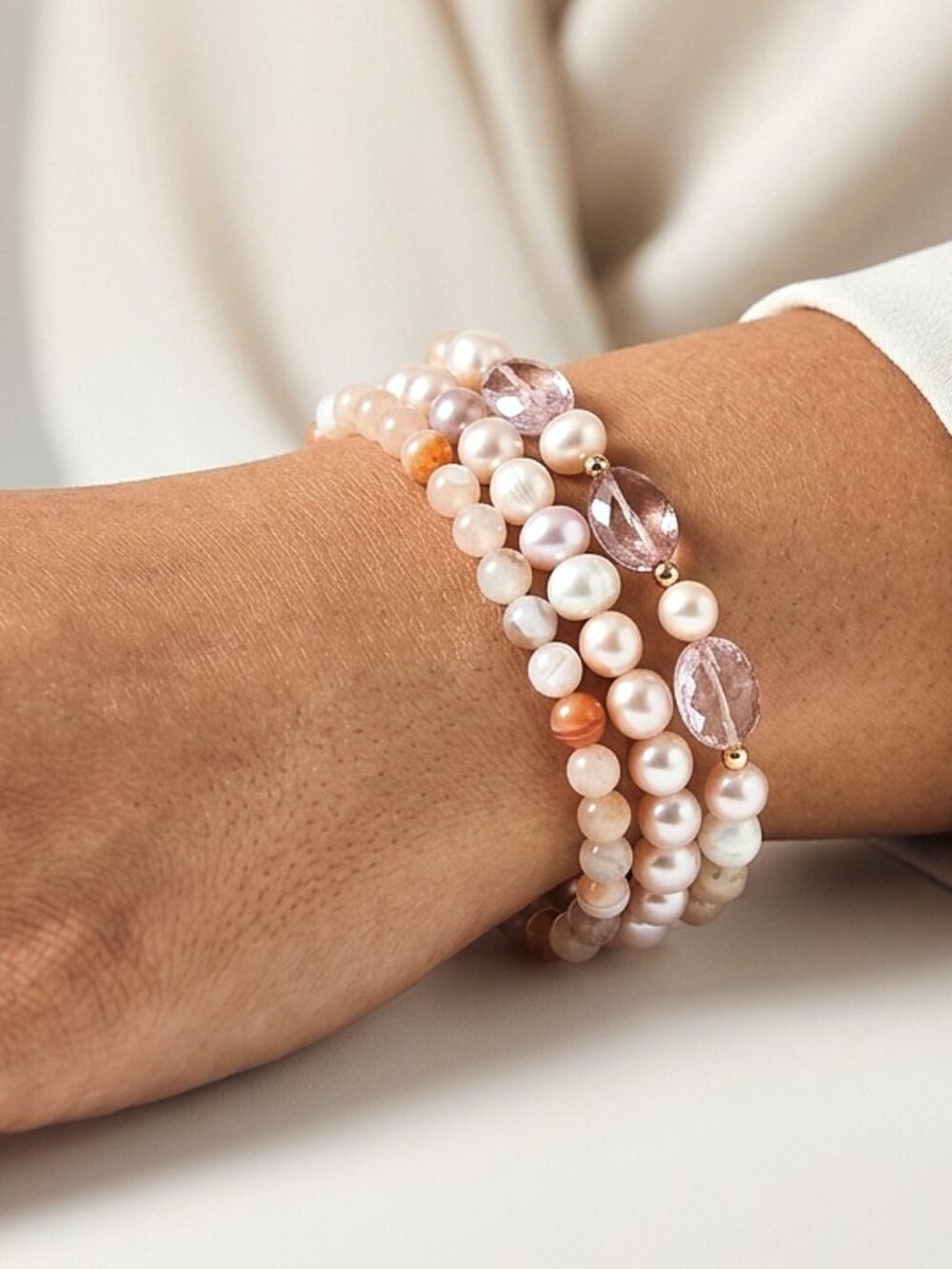 Dainty Bracelet Set, Pearl & Sakura Agate Gemstone Stretch Bracelet, OOAK